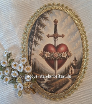 Heiligenbild  HB-CH-F446 Herz mit Blumenkranz   mit Goldrand 75x105mm