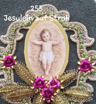 Heiligenbild  HB-CH-G255  Jesulein auf Stroh  (ohne Stickrand)  40x55mm