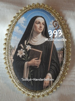 Heiligenbild  HB-CH-F393 Hl. Scholastika  mit Goldrand 75x105mm