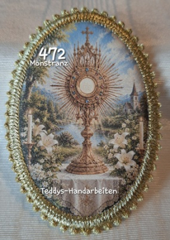 Heiligenbild  HB-CH-F472 Monstranz  mit Goldrand 75x105mm