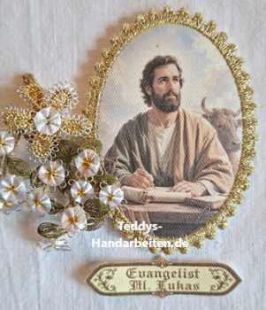 Heiligenbild  HB-CH-D402  Evangelist Lukas  mit Goldrand und Banner 65x85mm