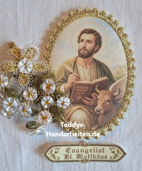 Heiligenbild HB-CH-D403 Evangelist Matthäus mit Goldrand und Banner 65x85mm