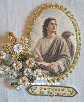 Heiligenbild HB-CH-D404 Evangelist Johannes mit Goldrand und Banner 65x85mm