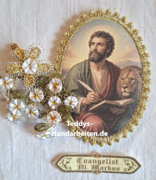 Heiligenbild HB-CH-D405 Evangelist Markus mit Goldrand und Banner 65x85mm
