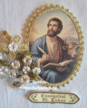 Heiligenbild HB-CH-D406 Evangelist Lukas mit Goldrand und Banner 65x85mm