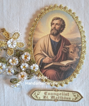 Heiligenbild HB-CH-D407 Evangelist Matthäus mit Goldrand und Banner 65x85mm
