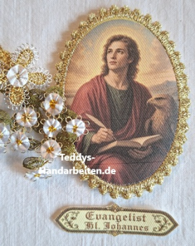Heiligenbild HB-CH-D408 Evangelist Johannes mit Goldrand und Banner 65x85mm