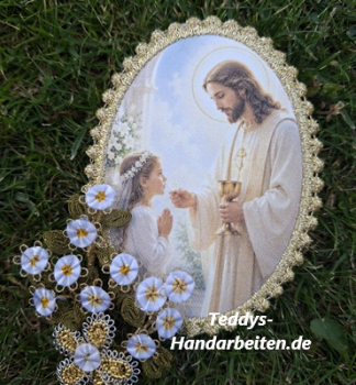 Heiligenbild  HB-CH-D206  Kommunion Mädchen mit Goldrand 65x85mm