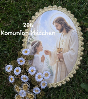 Heiligenbild  HB-CH-D206  Kommunion Mädchen mit Goldrand 65x85mm