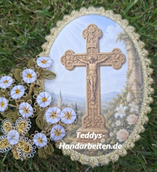 Heiligenbild  HB-CH-D230   Kreuz geschnitzt  mit Goldrand  65x85mm