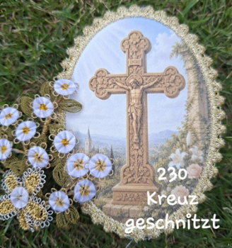 Heiligenbild  HB-CH-F230   Kreuz geschnitzt  mit Goldrand  75x105mm