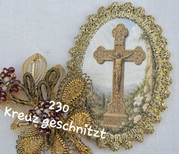 Heiligenbild  HB-CH-H230  Kreuz geschnitzt  mit Goldrand  32x46mm