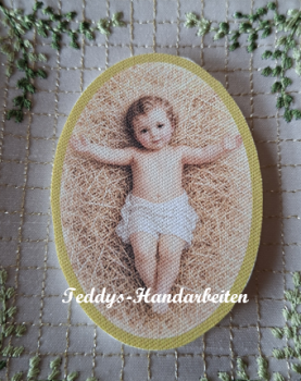 Heiligenbild  HB-CH-F255  Jesulein auf Stroh  (ohne Stickrand)  70x100mm