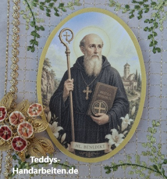 Heiligenbild  HB-CH-G258   Hl. Benedikt  (ohne Stickrand)  40x55mm