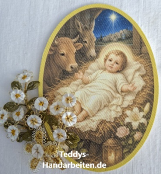 Heiligenbild  HB-CH-M271 Jesukindl i.d. Krippe (ohne Stickrand)  50x70mm